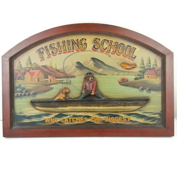 3D Painted Wood Sign Fishing School Antique Style